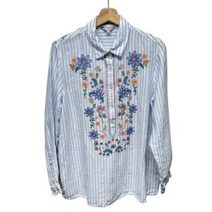 John Mark Linen Floral Embroidered Top Sz L Boho Colorful Artsy Blue Stripe